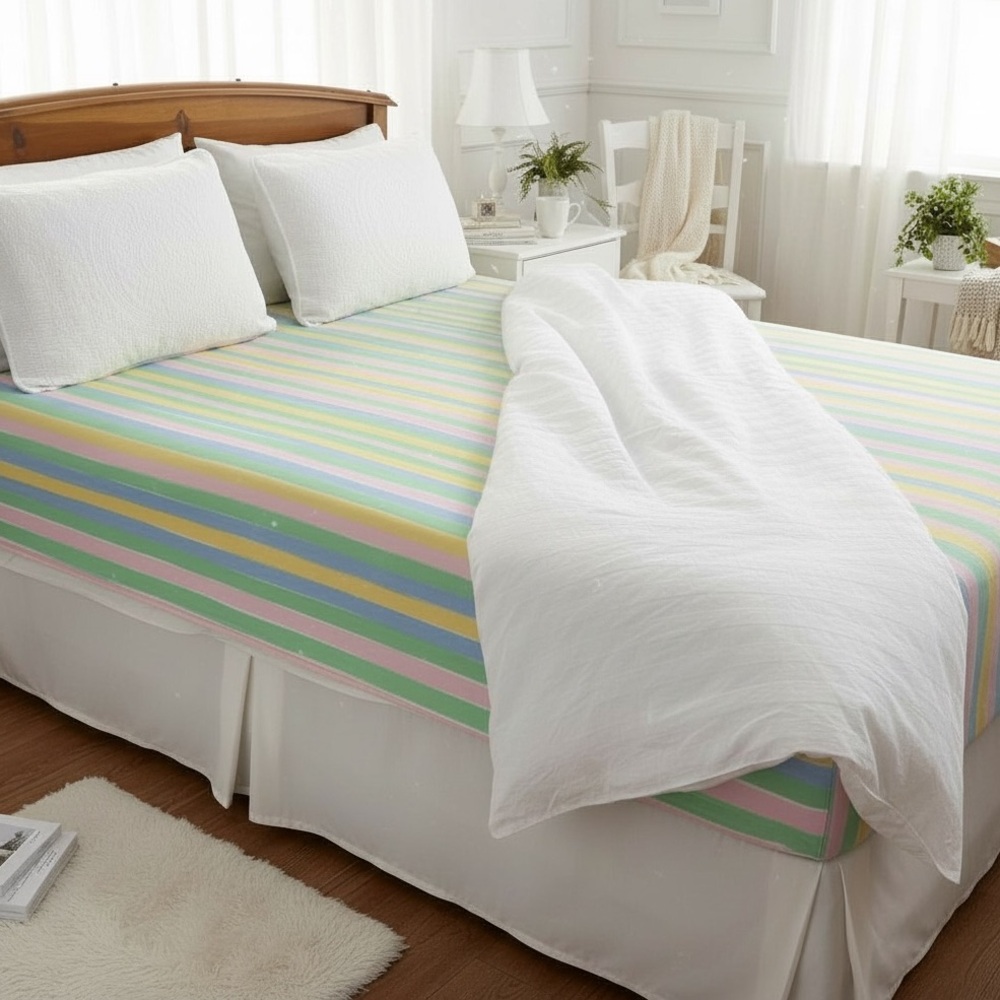 Vintage 80's Marimekko Pastel Striped Queen Fitted Bed Sheet By Dan River